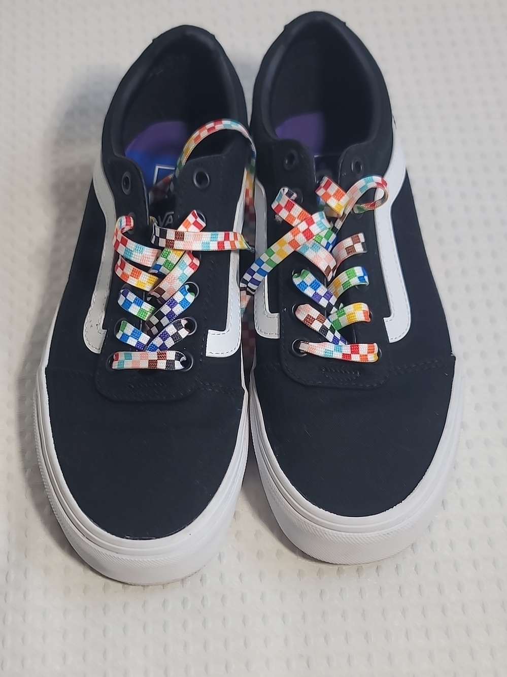 Vans Women Black and White Canvas Sneakers with Rainbow Check Laces